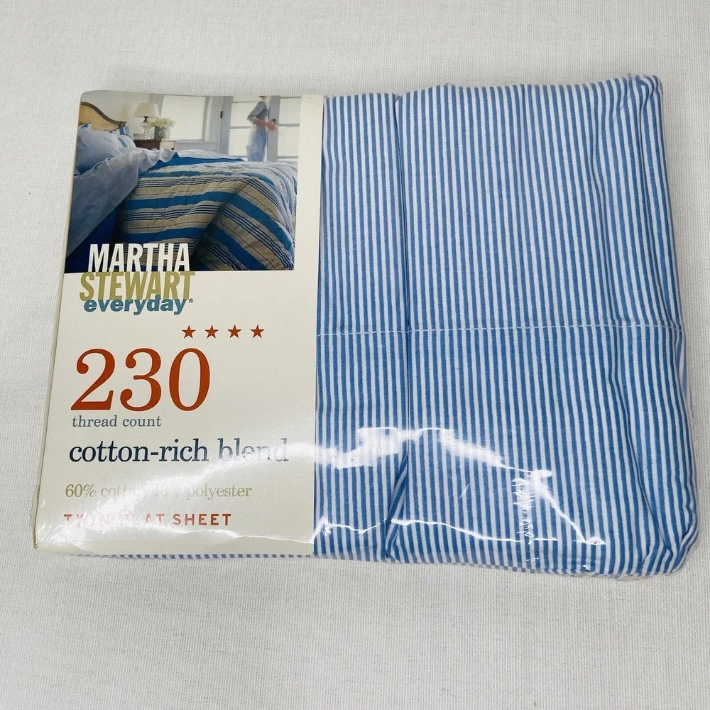 Martha Stewart Everyday Sheet Cornflower Blue Pinstripe Twin Flat 230 Count NOS